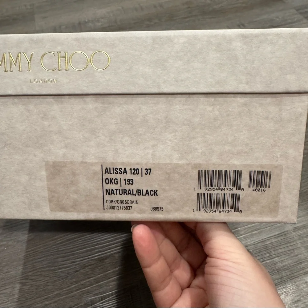 Jimmy Choo Alissa 120 Natural Black Cork Grossgrain Wedges